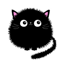 Black round fluffy cat icon. Face head body, tail. Fat kitten. Cute cartoon character. Kawaii baby pet animal. Notebook cover, tshirt, greeting card print. Flat design. White background.
