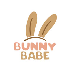illustration of simple rabbit ears and text Bunny Babe for concept of Easter celebration on white isolated background