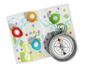 Navigation map, compass and GPS markers on transparent background.
