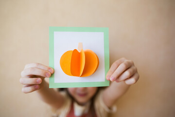 paper craft for kids. DIY card with pumpkin for thanksgiving day. create art for children.
