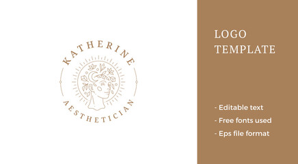 Beauty female portrait with floral decor logo emblem design template vector illustration