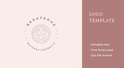 Beauty female portrait logo emblem design template vector illustration in minimal line art style
