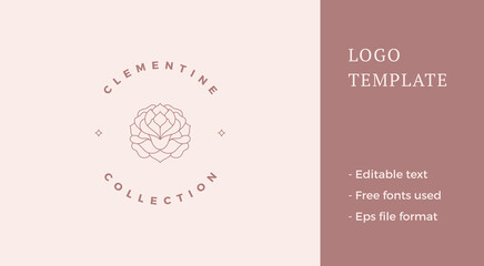 Blooming rose flower logo emblem design template vector illustration in minimal line art style.