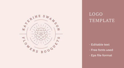 Blooming rose flower logo emblem design template vector illustration in minimal line art style.