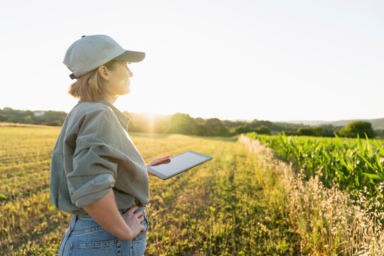 Woman standing with digital tablet in field looking around