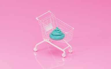 Blue cartoon poop is in shopping cart. 3d render, 3d trendy illustration.