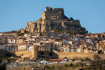 Fototapeta na wymiar View of the town of Morella, its houses and castle, an ancient, landmark, walled town located on top of a hill in the province of Castellón, Valencian Community, Spain
