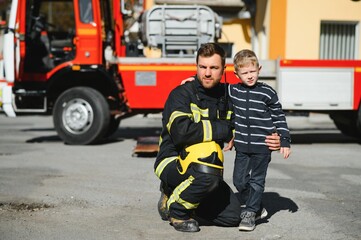 Protect people from dangerous with brave heart.Hero in fireman with uniform safe children from burn smoke