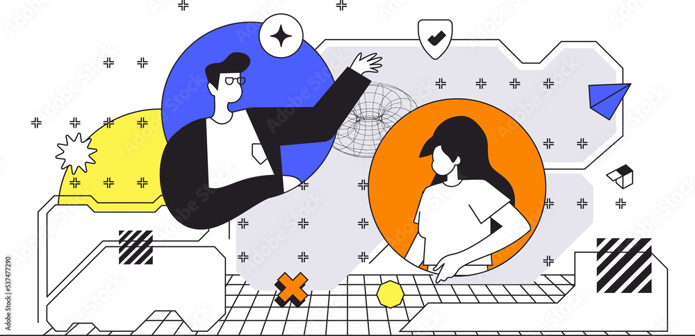 Poster cyberspace management web concept in flat outline design with characters. man and woman interacts wi