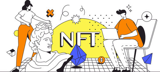 NFT and cryptocurrency web concept in flat outline design with characters. Man and woman invest in collectible artwork with non fungible token. Crypto business people scene. Illustration.