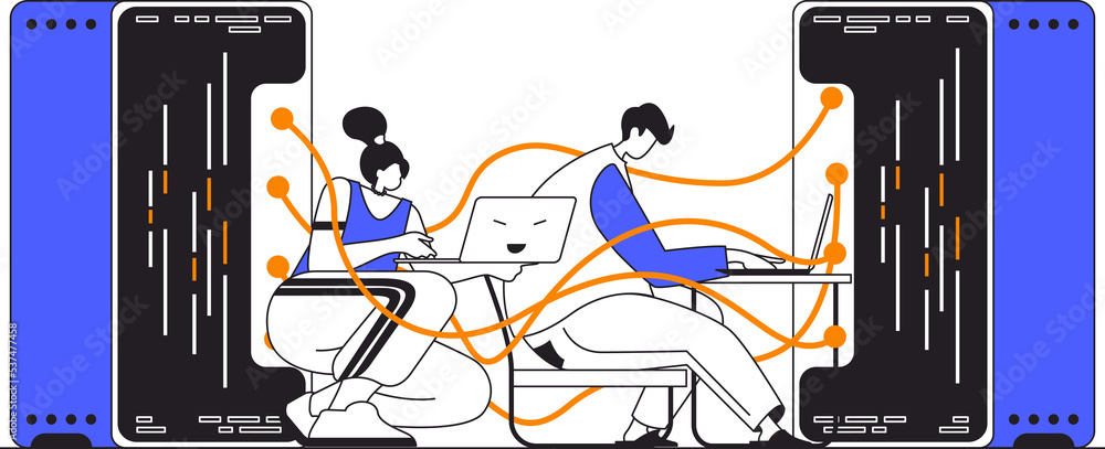 Fototapete hosting provider web concept in flat outline design with characters. woman and man works in technica