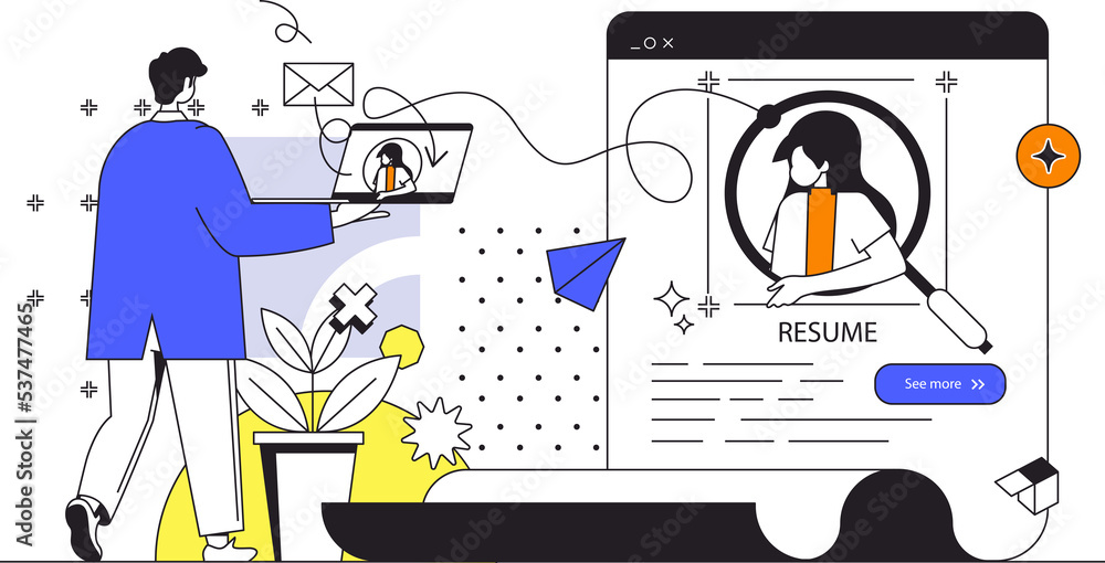 Poster hr process web concept in flat outline design with characters. man choose resume of best candidate. 