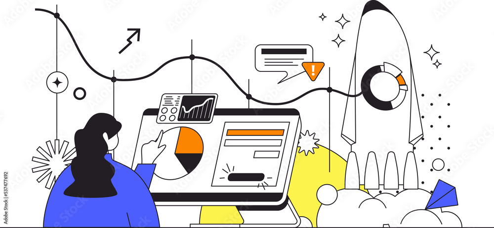 Poster outsourcing company web concept in flat outline design with character. woman working remotely in int