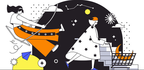 Open space web concept in flat outline design with characters. Woman rides on swing, wizard in space among stars. Inspiration, creativity, imagination and dreaming people scene. Illustration.