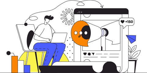 Obraz premium Outbound marketing web concept in flat outline design with character. Man marketer making offline advertising campaign, sends letters and writes promo posts, people scene. Illustration.