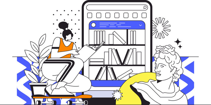 recommend clip art: Online library web concept in flat outline design with characters. Woman reading e-books, stores books in cloud storage or device, buys books in online bookstore, people scene. Illustration.