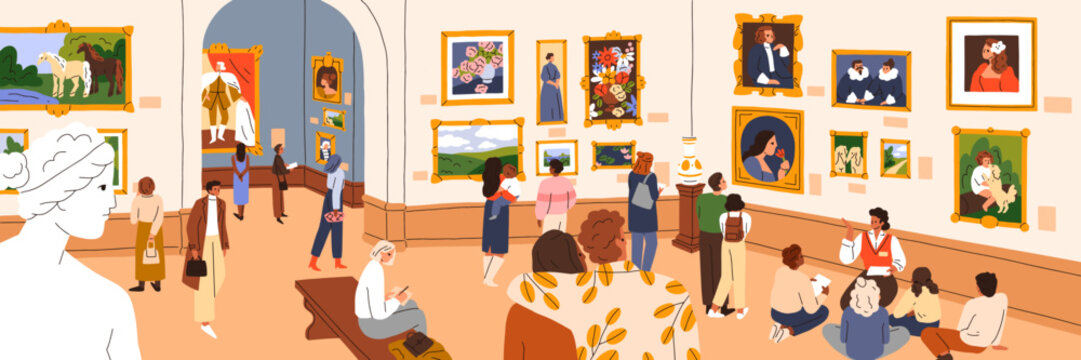 Visitors in traditional art gallery. People walk, look at classic pictures on walls at artworks exhibition in painting museum panorama. Tourists, guide in exposition hall. Flat vector illustration