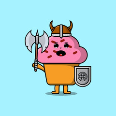 Cute cartoon character Cupcake viking pirate with hat and holding ax and shield 
