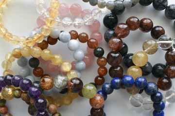 Crystal gemstones collection.  Gemstone bracelets background. 