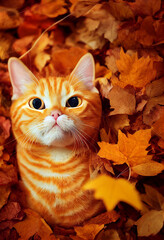 Orange Tabby cat peeking out of a pile of autumn leafs