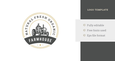 Agricultural male worker harvesting vegetables straw on tractor machine logo design template vector © provectors