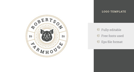Livestock farm local market vintage circle logo design template with pig head sun rays vector
