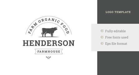 Farm local market premium logo design template bull cow with crossed axes vector illustration
