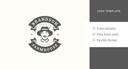 Premium local farm market logo design template male agricultural worker decorative ribbon vector
