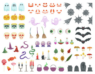 Fototapeta na wymiar Big set of Halloween design elements. Different objects in cartoon style.
