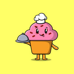 Cute Cartoon chef Cupcake mascot character serving food on tray cute style design illustration