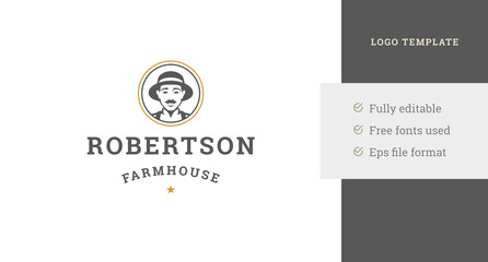Circle minimalist farm local market logo design template man in hat portrait vector illustration