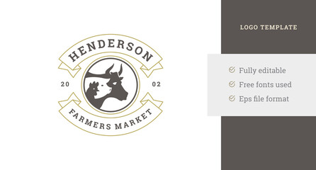 Minimalist vintage livestock circle logo design template farm market fresh organic meat vector