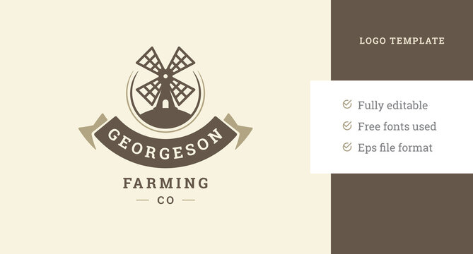 Agricultural windmill with festive ribbon vintage logo template design vector illustration