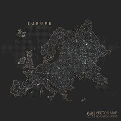 Obraz premium Europe Continent map abstract geometric mesh polygonal light concept with black and white glowing contour lines countries and dots on dark background. Vector illustration eps10