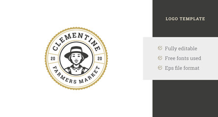 Woman farmer portrait circle seal stamp vintage logo design template vector illustration