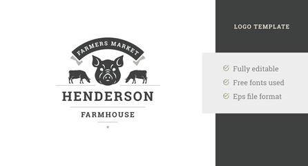 Farm market vintage logo design template pig head and cows monochrome vector illustration
