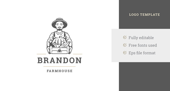 Smiling male agricultural worker vegetables harvest vintage farm market logo design template vector