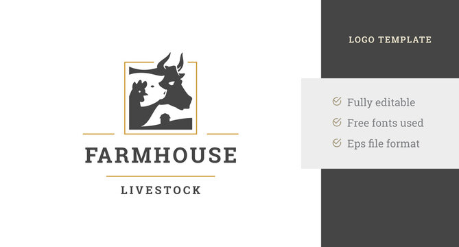 Farmhouse livestock agriculture organic product logo design template rooster pig and cow vector