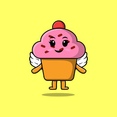 Cute cartoon Cupcake character wearing wings in modern style design illustration