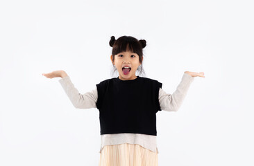 Asian girl student in black and white sweatshirt posing happy and hands pointing on white...