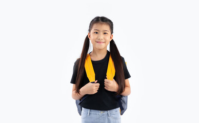 Asian student in casual holding backpack posing smiling infront of camera on white background. Back...