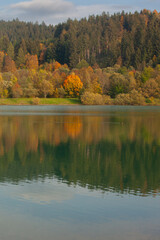 A mountain lake in autumn. The forest with autumn colors, yellow orange, is reflected in the lake as in a mirror. It is calm and tranquil.