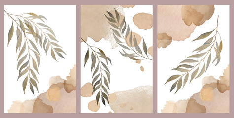Watercolor hand drawn illustration set of twig with green eucalyptus leaves and beige abstract spots. Wall art. Interior painting in coral color. For posters on the wall in boho style and postcards. © Olga Shulgina