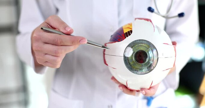 Doctor ophthalmologist showing anatomical structure of eye on mockup closeup 4k movie slow motion 
