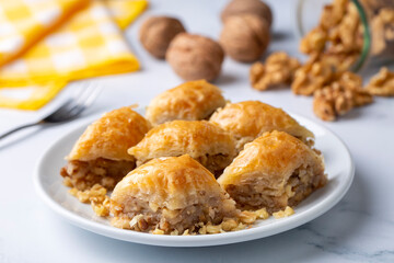 Traditional Turkish dessert; Handmade walnut baklava. Turkish name; cevizli baklava
