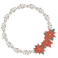 Round wreath with poinsettia flowers, leaves and berries