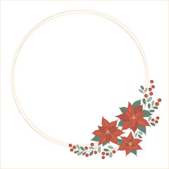 Round frame with poinsettia flowers, leaves and berries