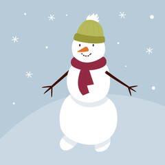 Cute Snowman with a green hat and red scarf on a blue background with snowflakes. Vector flat illustration.