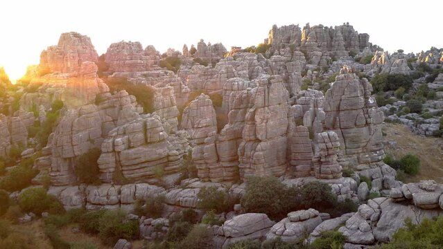 Karst landscape in the Torcal de Antequera, Malaga, Andalusia, Spain, during sunset. Curious and beautiful rock formations.