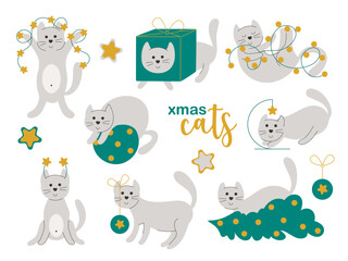 Christmas stories with cat vector illustration. Funny cute pet with gift box, christmas tree, garland and stars. Hand drawn holiday decoration collection with cats